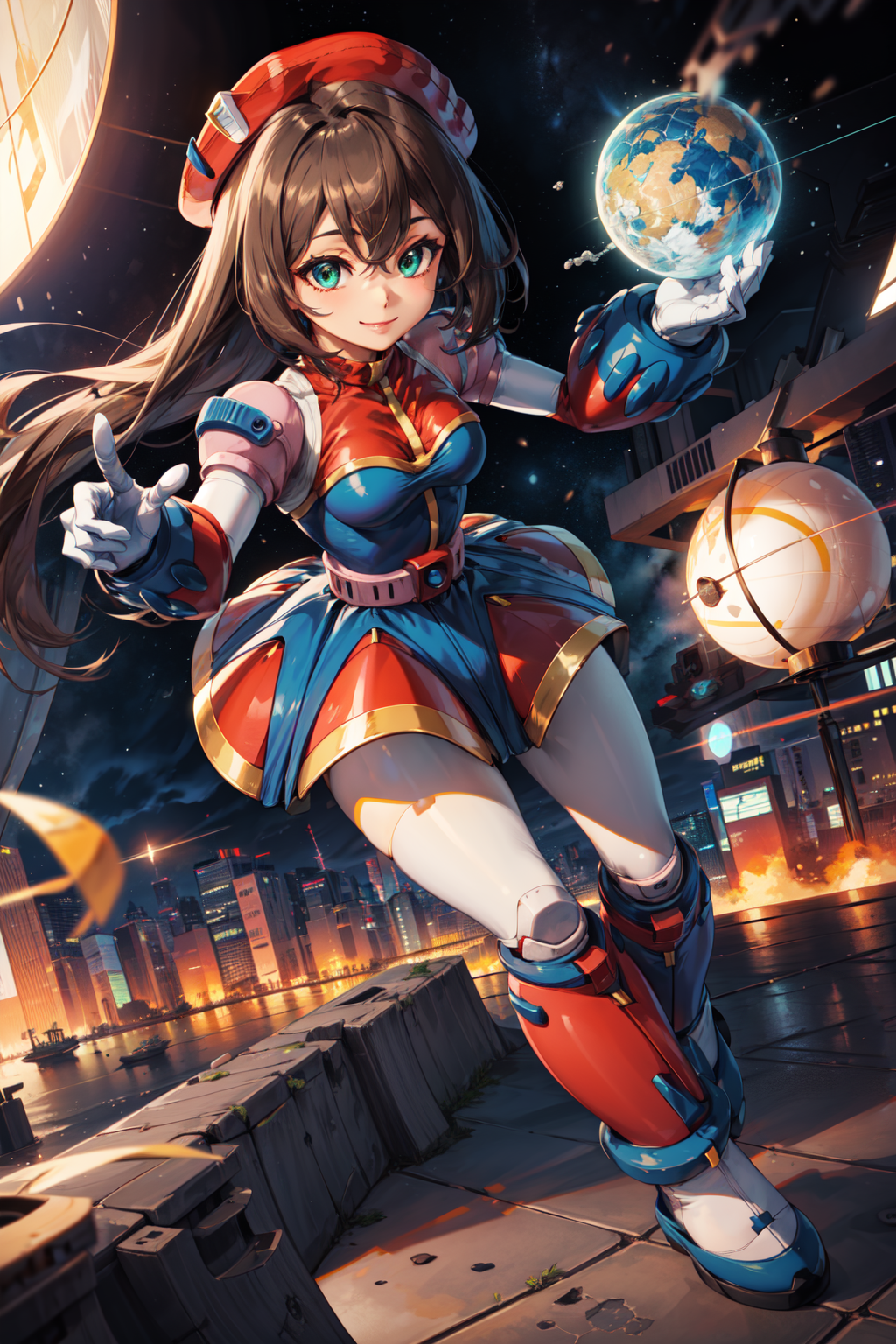 00452-2807523716-masterpiece,best quality,highres,1girl,iris_megamanx,long hair,brown hair,hat,green eyes,white gloves,beret,smile,dynamic pose,s.png